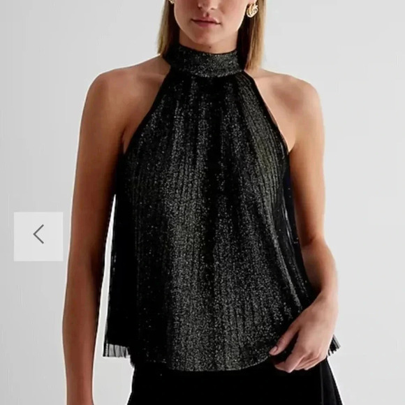 NEW ✨ EXPRESS Shine Tie Halter Neck Pleated Top Black and Gold Size X-Small - Picture 1 of 11